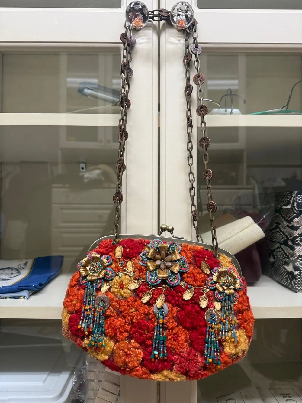 Mary Frances Embroidered Boho Beaded Clutch Handbag in Red & Orange
